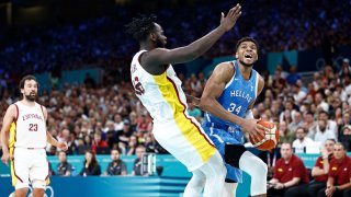 Greece's Giannis Antetokounmpo challenges Spain's Usman Garuba