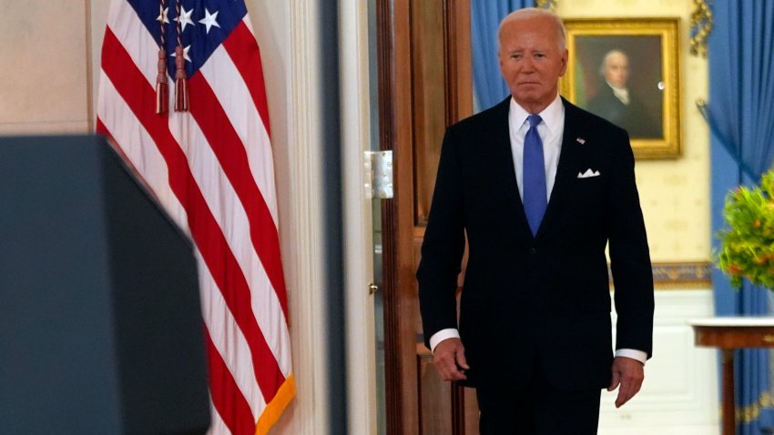 President Joe Biden arrives to speak in the Cross Hall of the White House Monday, July 1, 2024, in Washington. (AP Photo/Jacquelyn Martin)