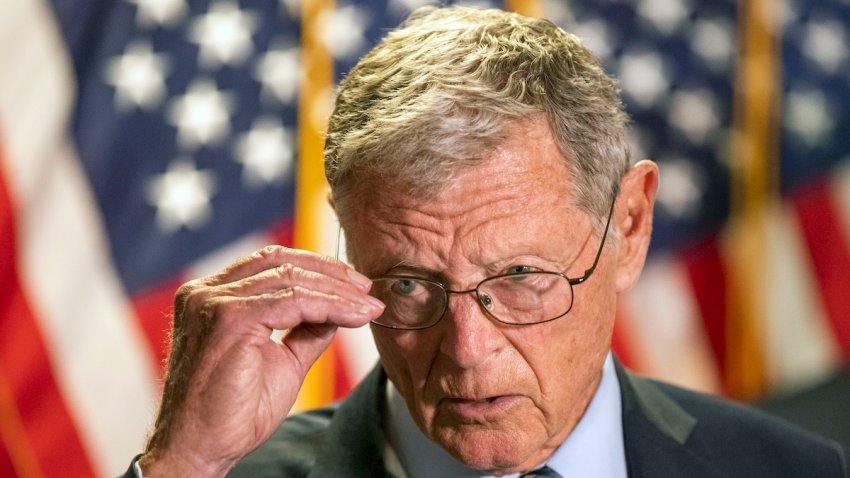 FILE – In this June 30, 2020, file photo, Sen. James Inhofe, R-Okla., speaks to reporters following a GOP policy meeting on Capitol Hill in Washington. Sen. Inhofe has died Tuesday, July 9, 2024. He was 89.