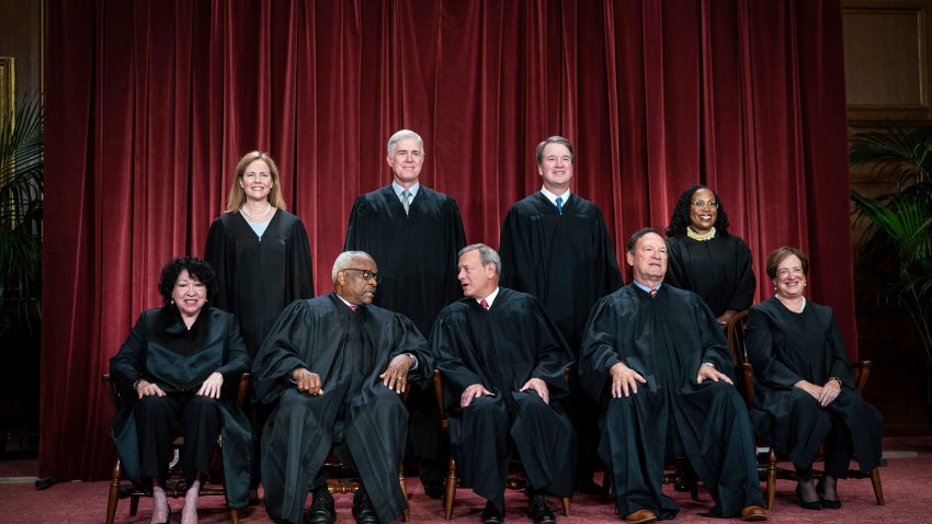 Members of the Supreme Court sit for a group photo following the recent addition of Associate Justice Ketanji Brown Jackson, at the Supreme Court building on Capitol Hill on Friday, Oct 07, 2022 in Washington, DC.