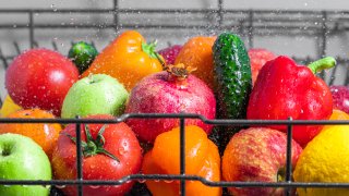 Vegetables and fruits are washed in the dishwasher basket