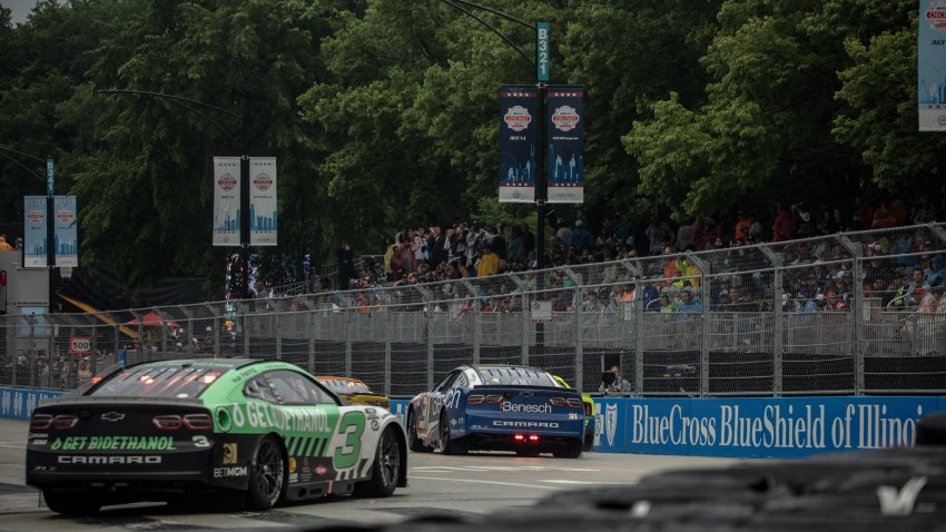 Cars race during the Nascar Cup Series in Chicago, Illinois, on Sunday, July 2, 2023. A record downpour that flooded Chicago this weekend cut short Nascar’s first-ever street race in its marquee series and most likely curbed the economic impact of an event that divided the city. Photographer: Jim Vondruska/Bloomberg via Getty Images