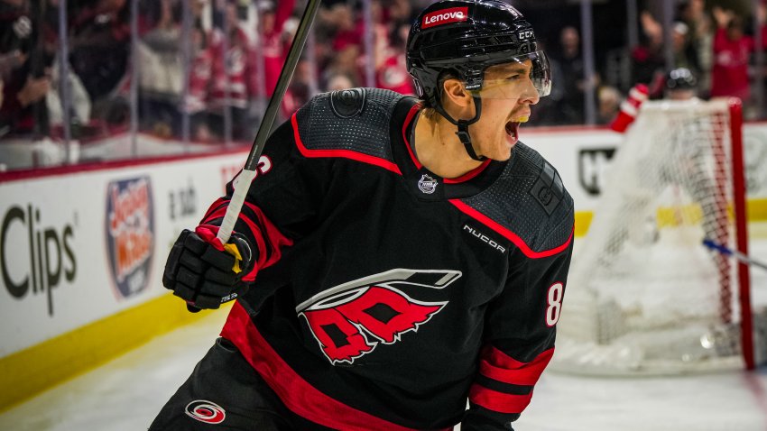 RALEIGH, NORTH CAROLINA – APRIL 30:  Teuvo Teravainen #86 of the Carolina Hurricanes celebrates after a goal during the first period against the New York Islanders in Game Five of the First Round of the 2024 Stanley Cup Playoffs at PNC Arena on April 30, 2024 in Raleigh, North Carolina. (Photo by Josh Lavallee/NHLI via Getty Images)