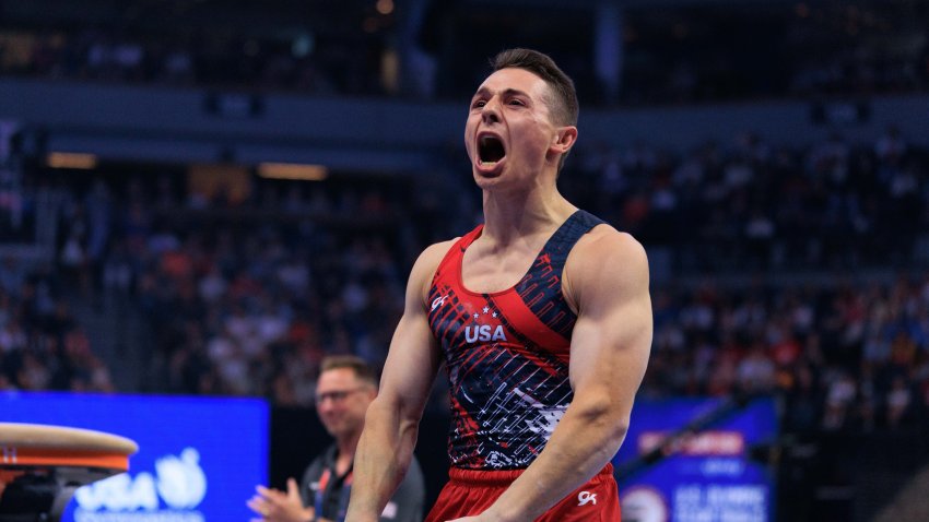 MINNEAPOLIS, UNITED STATES – JUNE 29: Paul Juda celebrates after competing on the vault during the men’s U.S. Olympic Gymnastics Trials on June 29, 2024, in Minneapolis. Juda was named to the team that will represent the United States at the Paris 2024 Olympics. (Photo by Nikolas Liepins/Anadolu via Getty Images)