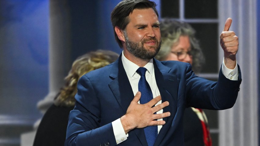 US Senator from Ohio and 2024 Republican vice presidential candidate J.D. Vance gives a thumbs up after finishing his remarks during the third day of the 2024 Republican National Convention at the Fiserv Forum in Milwaukee, Wisconsin, on July 17, 2024. Days after he survived an assassination attempt Donald Trump won formal nomination as the Republican presidential candidate and picked Ohio US Senator J.D. Vance for running mate. (Photo by ANDREW CABALLERO-REYNOLDS / AFP) (Photo by ANDREW CABALLERO-REYNOLDS/AFP via Getty Images)