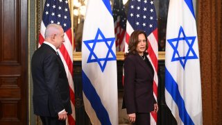 US Vice President Kamala Harris and Israeli Prime Minister Benjamin Netanyahu arrive for a meeting in the Vice President's ceremonial office at the Eisenhower Executive Office Building in Washington, DC, on July 25, 2024.