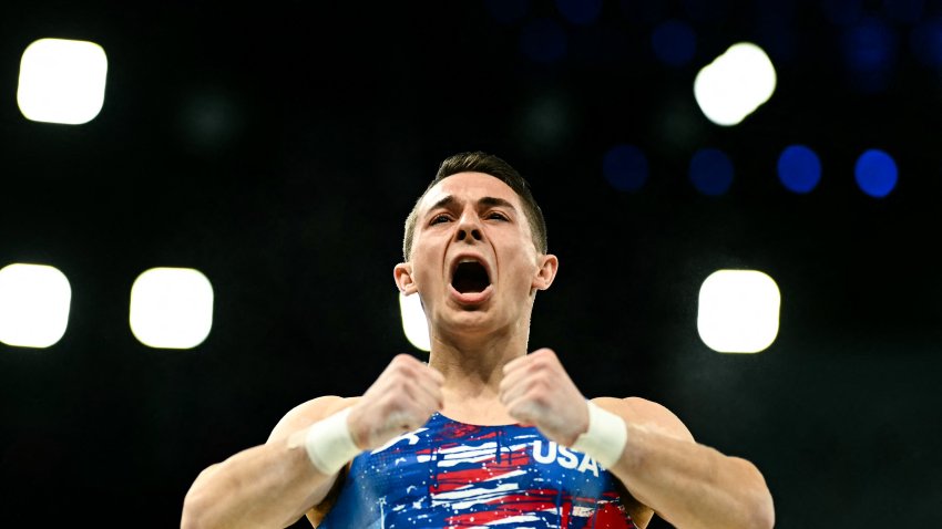 US’ Paul Juda reacts after competing in the pommel horse event of the artistic gymnastics men’s qualification during the Paris 2024 Olympic Games at the Bercy Arena in Paris, on July 27, 2024. (Photo by Gabriel BOUYS / AFP) (Photo by GABRIEL BOUYS/AFP via Getty Images)