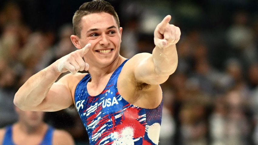 Paul Juda reacts after competing in the parallel bars event of the artistic gymnastics men's qualification during the Paris 2024 Olympic Games at the Bercy Arena in Paris, on July 27, 2024.