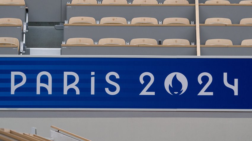 PARIS, FRANCE – JULY 23: Olympic signs and rings are seen at Court Philippe-Chatrier, Roland-Garros on July 23, 2024 in Paris, France. (Photo by Andy Cheung/Getty Images)