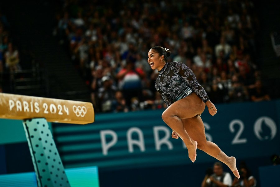 US' Jordan Chiles competes in the balance beam event of the artistic gymnastics women's qualification