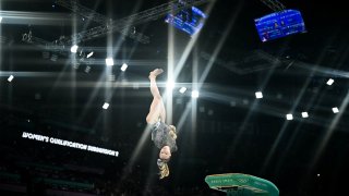 US’ Jade Carey competes in the vault event of the artistic gymnastics women’s qualification during the Paris 2024 Olympic Games at the Bercy Arena in Paris, on July 28, 2024. (Photo by Loic VENANCE / AFP) (Photo by LOIC VENANCE/AFP via Getty Images)