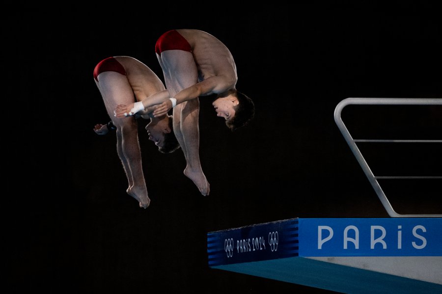 Canada's Nathan Zsombor-Murray and Rylan Wiens compete in the men's synchronized 10m platform diving final at the Paris 2024 Olympic Games.