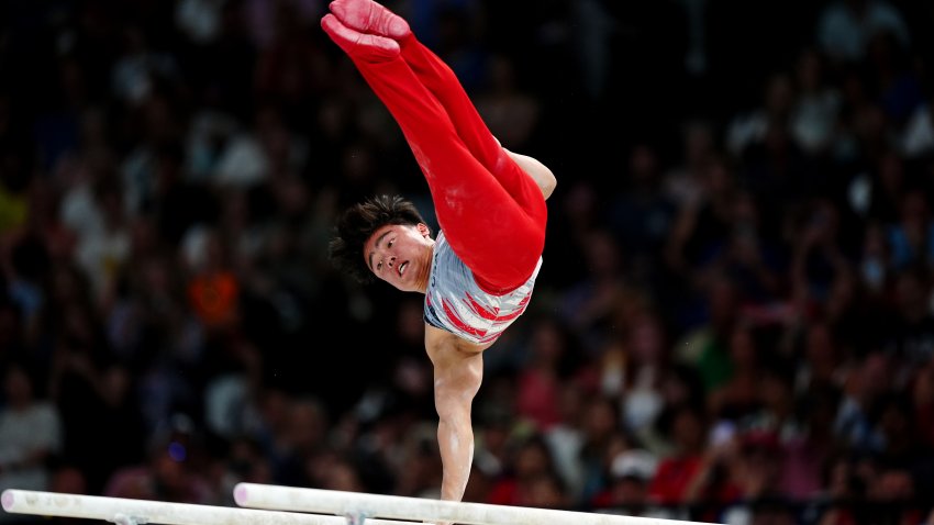 USA’s Asher Hong performs on the Parallel Bars during the Men’s Team Final at Bercy Arena, on the third day of the 2024 Paris Olympic Games in France. Picture date: Monday July 29, 2024. (Photo by Mike Egerton/PA Images via Getty Images)