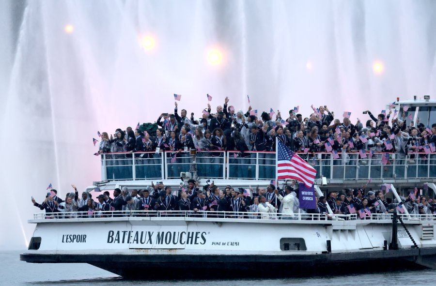 A general view as members of Team United States pass water jets