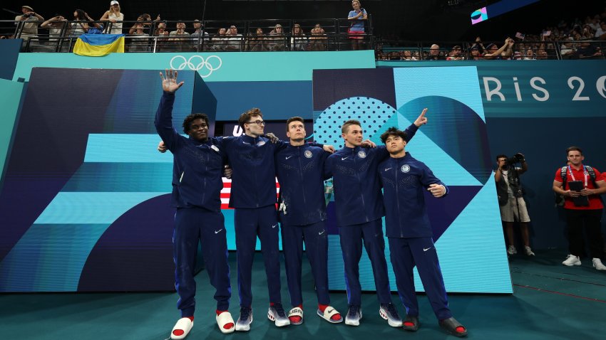 PARIS, FRANCE – JULY 29: Athletes of Team United States enter the arena prior to the Artistic Gymnastics Men’s Team Final on day three of the Olympic Games Paris 2024 at Bercy Arena on July 29, 2024 in Paris, France. (Photo by Jamie Squire/Getty Images)
