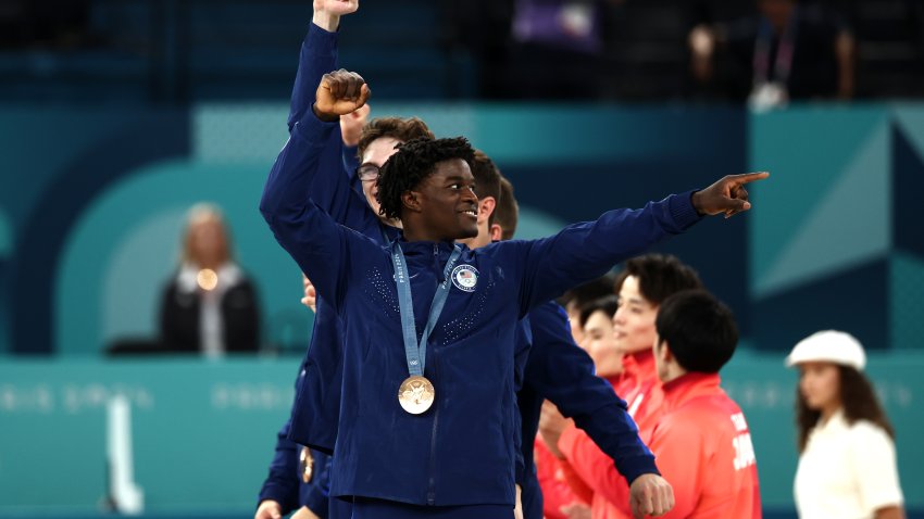 PARIS, FRANCE – JULY 29: Frederick Richard and Stephen Nedoroscik of Team United States celebrate during the medal ceremony for the Artistic Gymnastics Men’s Team Final on day three of the Olympic Games Paris 2024 at Bercy Arena on July 29, 2024 in Paris, France. (Photo by Naomi Baker/Getty Images)