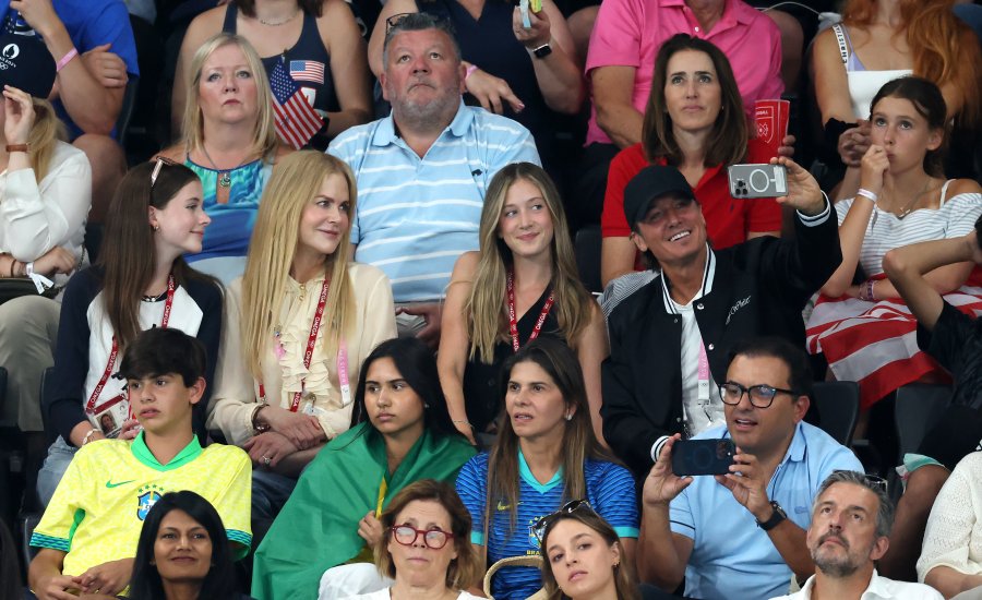 Nicole Kidman, Keith Urban and children are seen during the Artistic Gymnastics Women's Team Final on day four of the Olympic Games Paris 2024 at Bercy Arena on July 30, 2024 in Paris, France.