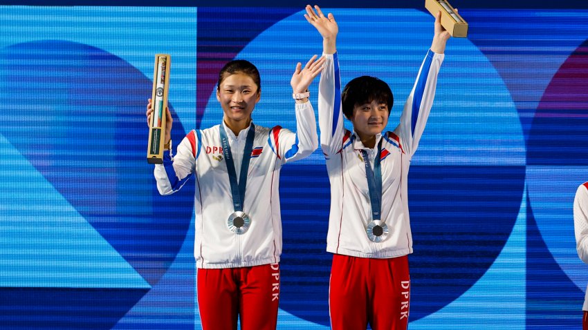 PARIS, FRANCE – JULY 31: Mi Jo Jin and Rae Kim Mi of Democratic People’s Republic of Korea silver medal during Women’s Synchronised 10m Platform Final Diving on Aquatics Centre during the Paris 2024 Olympics Games on July 31, 2024 in Paris, France. (Photo By Antonio Martinez/Europa Press via Getty Images)