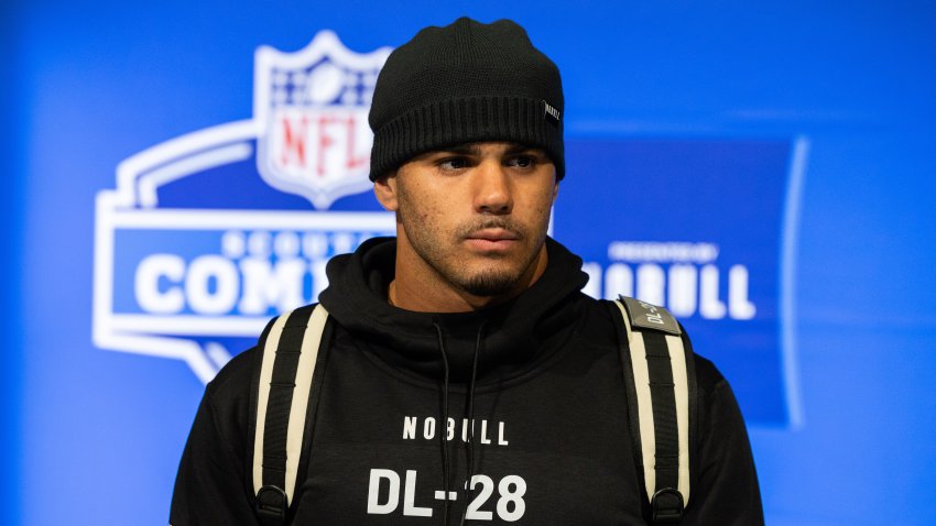 Feb 28, 2024; Indianapolis, IN, USA; Kansas defensive lineman Austin Booker (DL28) talks to the media at the 2024 NFL Combine at Indiana Convention Center. Mandatory Credit: Trevor Ruszkowski-USA TODAY Sports