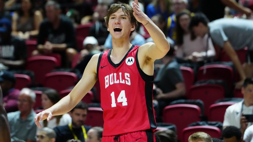 Jul 14, 2024; Las Vegas, NV, USA; Chicago Bulls forward Matas Buzelis (14) shouts at a teammate while playing against the Golden State Warriors during the first quarter at Thomas & Mack Center. Mandatory Credit: Stephen R. Sylvanie-USA TODAY Sports