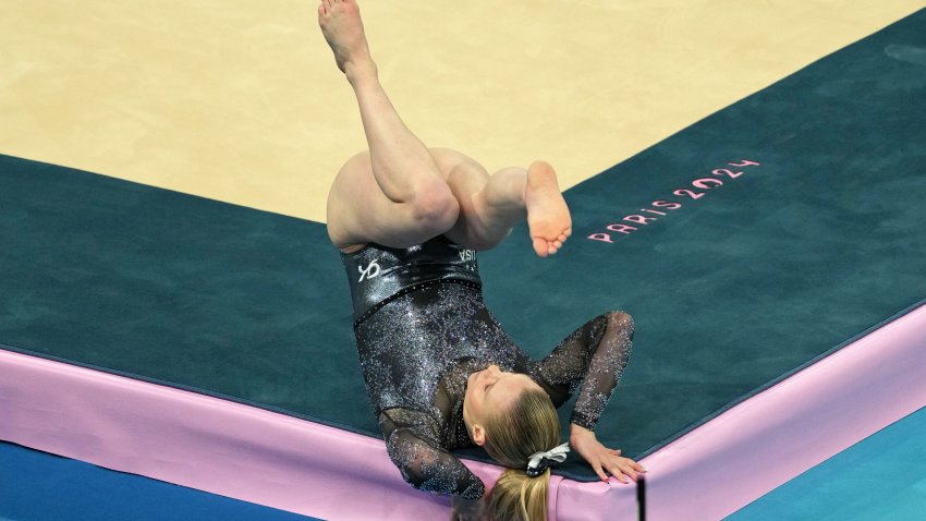 Jul 28, 2024; Paris, France; Jade Carey of the United States falls on the floor exercise in womens qualification during the Paris 2024 Olympic Summer Games at Bercy Arena. Mandatory Credit: James Lang-USA TODAY Sports