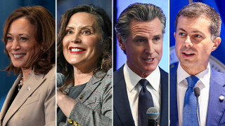 (L-R) Vice President Kamala Harris, Michigan Gov. Gretchen Whitmer, California Gov. Gavin Newsom and Secretary of Transportation Pete Buttigieg.