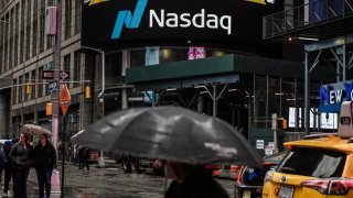 Signage outside the Nasdaq MarketSite in New York on March 23, 2023.