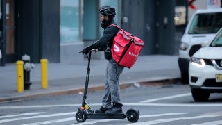 A food delivery messenger is seen in Manhattan. 