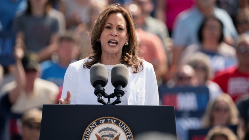 U.S. Vice President and Democratic presidential candidate Kamala Harris speaks during a campaign event in Eau Claire, Wisconsin, U.S., August 7, 2024. 