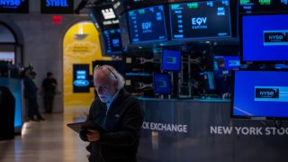 Traders work on the New York Stock Exchange (NYSE) floor on August 08, 2024 in New York City. 