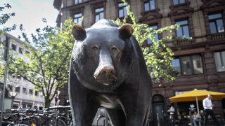 The bear, a symbol of falling stock market prices, stands as a bronze sculpture in front of the Frankfurt Stock Exchange building on 06 August 2024.