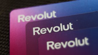 Revolut cards are seen in this illustration photo taken in Krakow, Poland on March 29, 2024.