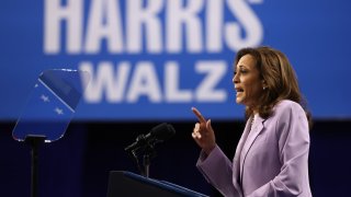 Democratic presidential candidate Vice President Kamala Harris speaks at an Aug. 10 campaign rally in Las Vegas.