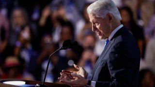 Former U.S. President Bill Clinton speaks on stage during the third day of the Democratic National Convention at the United Center on August 21, 2024 in Chicago, Illinois. 