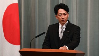 Japan’s Environment Minister Shinjiro Koizumi delivers a speech during a press conference at the prime minister’s office in Tokyo on September 17, 2020.