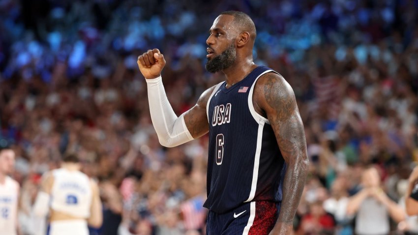 LeBron James celebrates during gold medal game vs. France