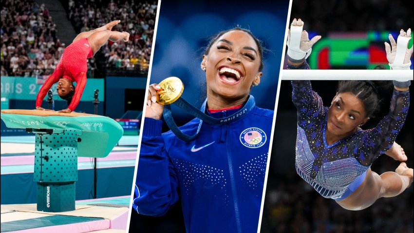 three photos of simone biles