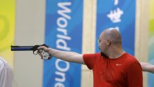 Team USA's Jason Turner shoots during the men's 10m air pistol final at the Beijing 2008 Olympics on Aug. 9, 2008.