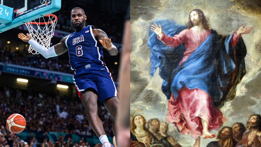 A splitscreen image of LeBron James and "The Ascension"