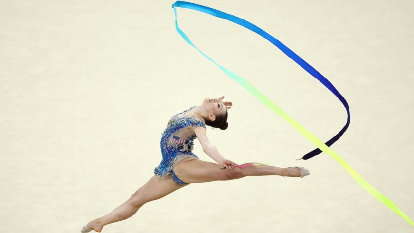 PARIS, FRANCE – AUGUST 08: Evita Griskenas of Team United States competes during the Rhythmic Gymnastics Individual All-Around Qualification on day thirteen of the Olympic Games Paris 2024 at Porte de La Chapelle Arena on August 08, 2024 in Paris, France. (Photo by Naomi Baker/Getty Images)