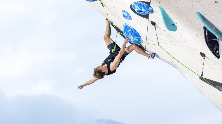 Colin Duffy of the US competes in the final of the men's lead competition for the IFSC Climbing World Cup in Innsbruck, Austria, on June 30, 2024.