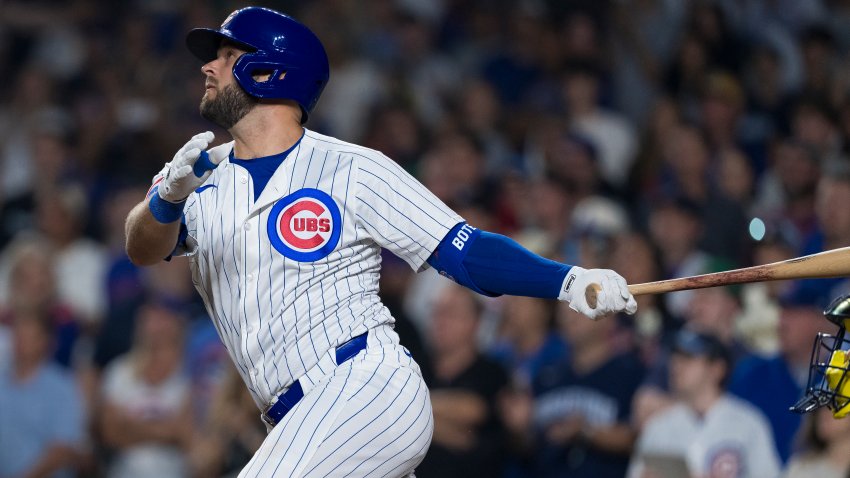 CHICAGO, ILLINOIS – JULY 23: David Bote of the Chicago Cubs watches the flight of the ball in a game against the Milwaukee Brewers at Wrigley Field on July 23, 2024 in Chicago, Illinois. (Photo by Matt Dirksen/Chicago Cubs/Getty Images)