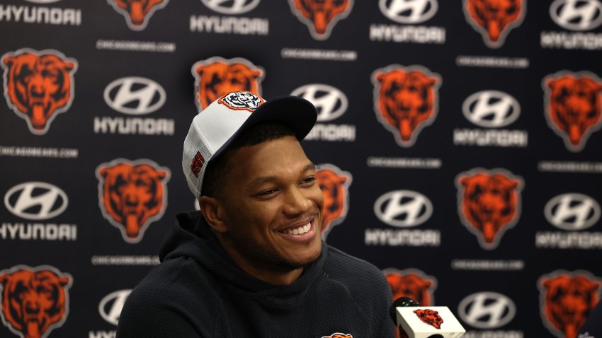 Chicago Bears wide receiver DJ Moore speaks with the media during a news conference at Halas Hall on July 19, 2024, in Lake Forest, Illinois. (Stacey Wescott/Chicago Tribune/Tribune News Service via Getty Images)