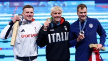 Gold Medalist Nicolo Martinenghi of Team Italy (C) and Silver Medalists Adam Peaty of Team Great Britain (L) and Nic Fink of Team USA