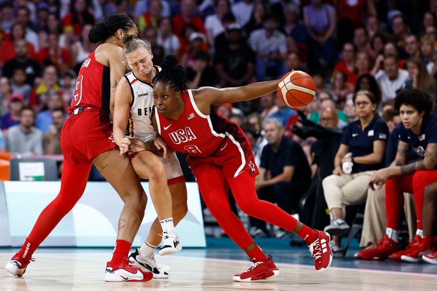 Chelsea Gray and A'ja Wilson collide with Belgium's Elise Ramette