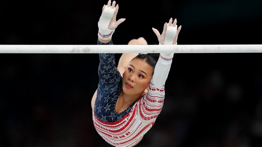 Sunisa Lee of Team United States competes on the uneven bars during the Artistic Gymnastics Women’s Team Final on day four of the Olympic Games Paris 2024 at Bercy Arena on July 30, 2024 in Paris, France.