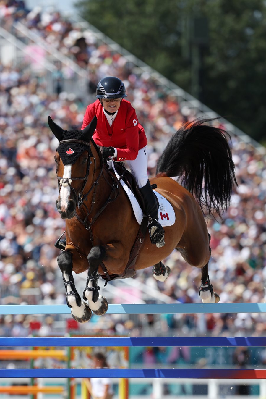 Erynn Ballard and horse Nikka VD Bisschop of Team Canada compete in the Jumping Team Qualifier on day six of the Olympic Games Paris 2024 at Chateau de Versailles on August 01, 2024 in Versailles, France