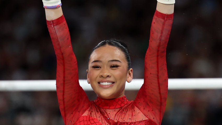 Sunisa Lee of Team United States reacts after finishing her routine during the Artistic Gymnastics Women’s Uneven Bars Final on day nine of the Olympic Games Paris 2024 at Bercy Arena on August 04, 2024 in Paris, France.