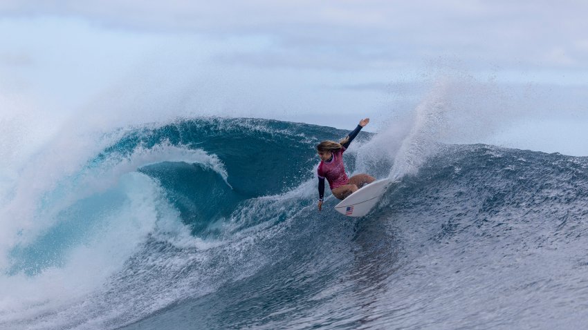 Surfer Caroline Marks surfs Teahupo’o, Tahiti in the Paris Olympics