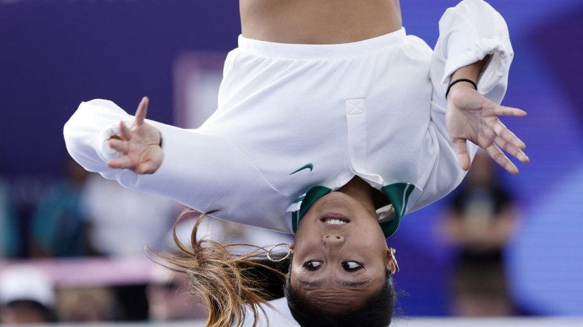 US’ Logan Edra, known as Logistx, competes in the Women’s Breaking dance Round robin of the Paris 2024 Olympic Games at La Concorde in Paris, on August 9, 2024. (Photo by Odd ANDERSEN / AFP) (Photo by ODD ANDERSEN/AFP via Getty Images)